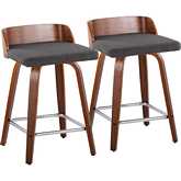 Maya 24" Swivel Counter Stool in Walnut Wood & Charcoal Fabric with Chrome Footrest (Set of 2)
